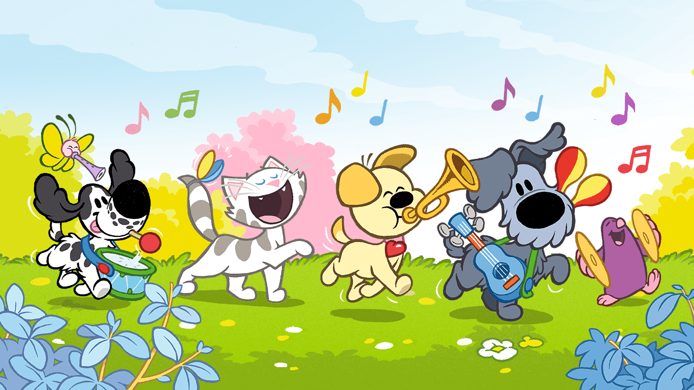 Woezel en Pip lopen met alle vriendjes achterelkaar. Elk vriendje heeft een muziekinstrument